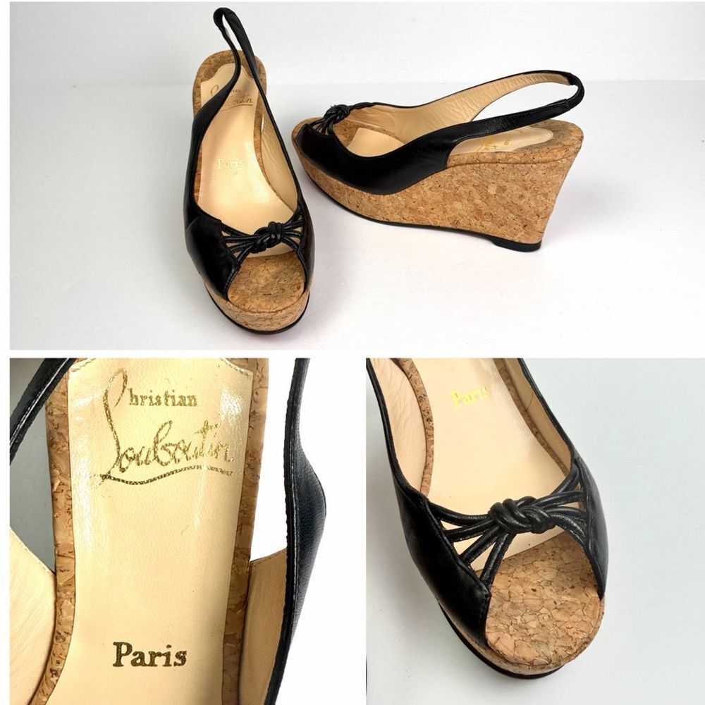 Christian Louboutin Cork Wedges Sandals Black Leather Peep Toe Slingback US 8